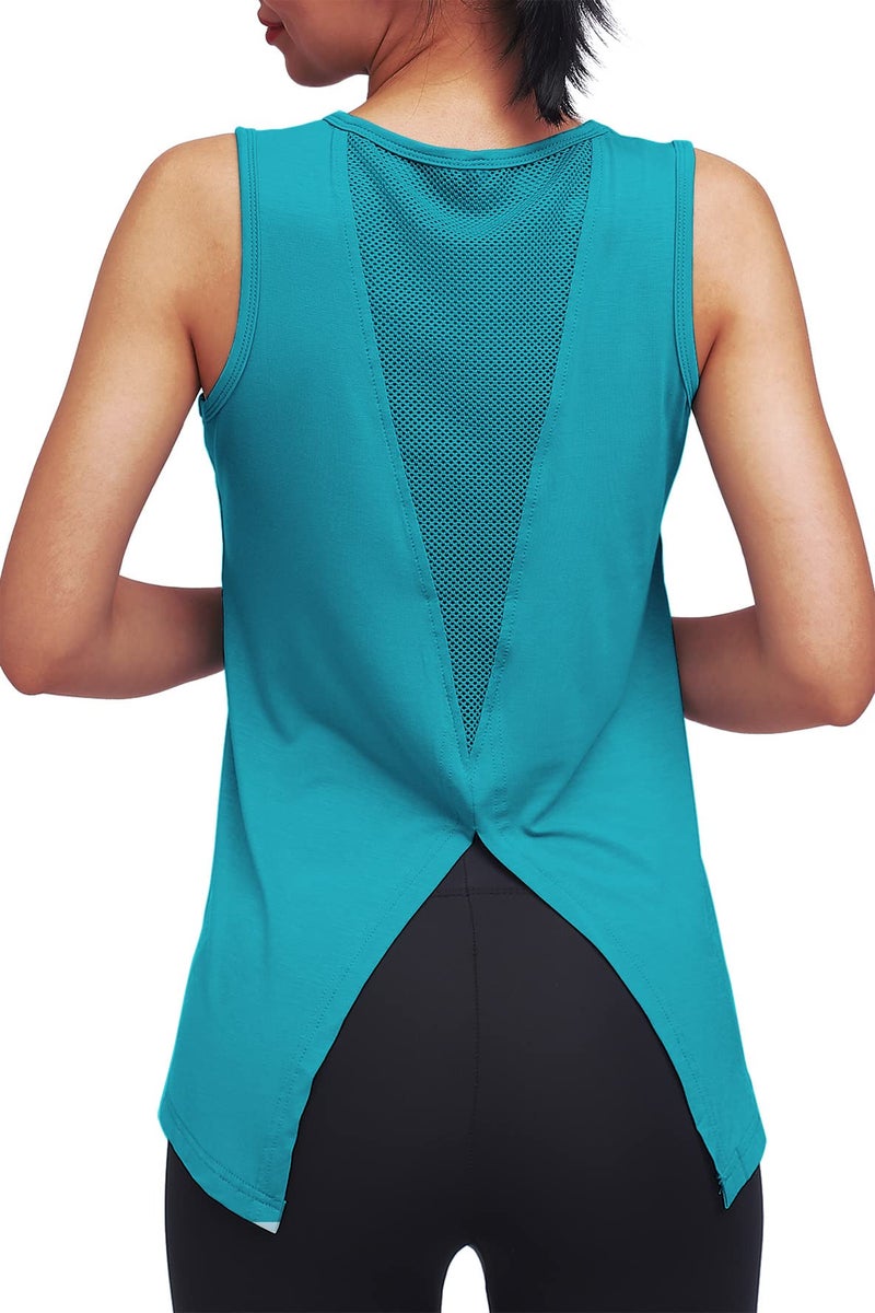 Mippo Workout Tops for Women Yoga Shirts Mesh Tie Back Tank Workout Tennis Shirts Sport Clothes Active Wear Blue Green L - Image 3